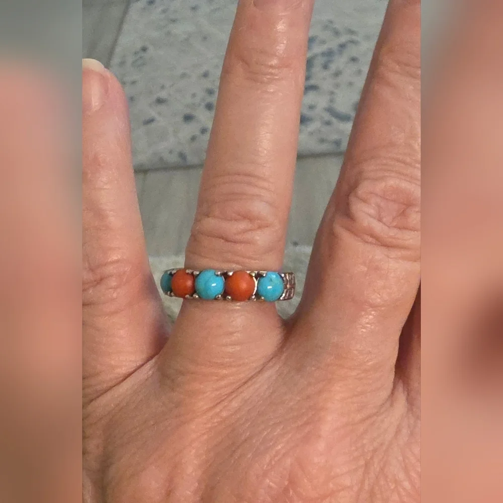 NATIVE AMERICAN  NAVAJO TURQUOISE AND CORAL RING SIZE 8 SIGNED TJ 2.67 GR